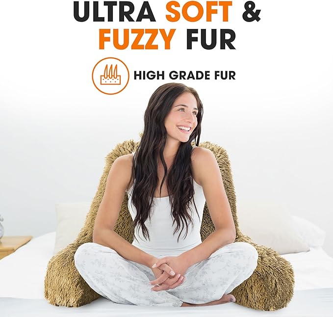 Cheer Collection Fluffy Reading Pillow Chair - Shaggy Hair Chair Pillow with Arms for Bed & Couch, Gold