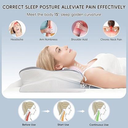 Cervical Neck Pillow, Ergonomic Side Sleeper Pillow for Pain Relief, Cooling Pillow for Sleeping, Neck and Shoulder, Contour Orthopedic Memory Foam Pillows for Back Stomach Sleepers Grey White