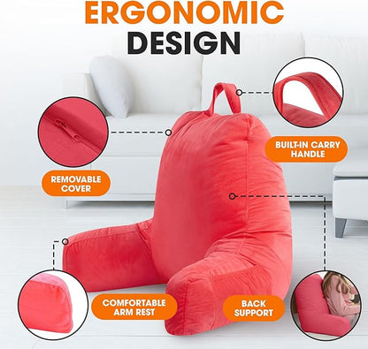 Cheer Collection Reading Pillow with Arms – Portable Bed Pillow for Sitting Up & Support, Foam-Filled Back Rest Pillow for Sitting in Bed & Couch, Machine Washable Hot Pink (Large)
