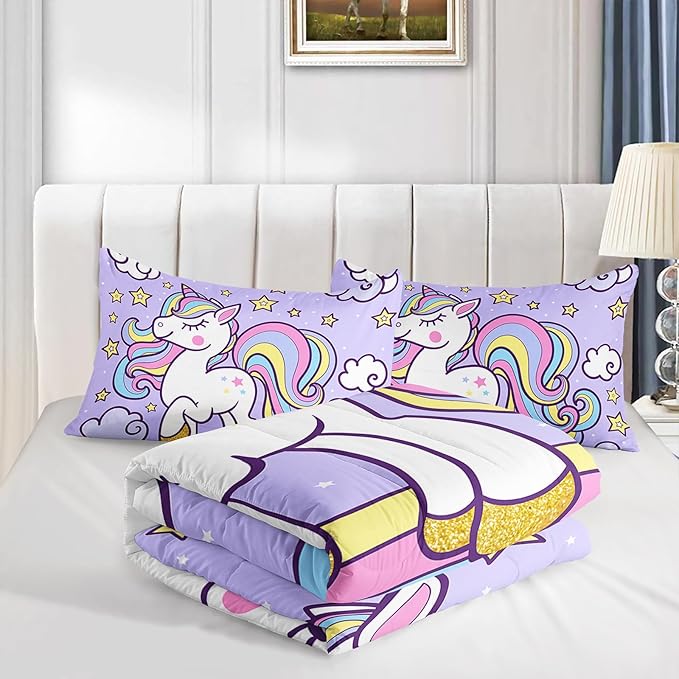 Axolotl Rainbow Unicorn Bedding Set King,Purple Unicorn Kids Comforter Set for Girls,Colorful Rainbow Bedding for Kids Teens Adults,Cartoon Stars Cloud Comforter,1 Quilt with 2 Pillowcases All Season