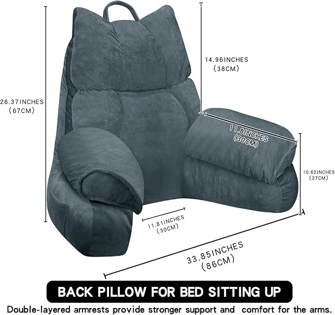 RRPAHWTV Reading Pillow for Bed with High Arm Rests ,Back Support Pillow for Sitting Up in Bed with Shredded Memory Foam for Reading, TV, Gaming or Relaxing on Floor（Charcoal Gray, Large）