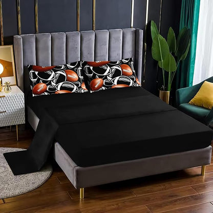 Cartoon Rugby Comforter Set 7Pcs Sports Brown Rugby American Football Bedding Set for Kid Teen Girl Boy Black White Rugby Quilt Bed Decor Queen with 2 Sheets,2 Pillowcases,2 Throw Pillow Covers