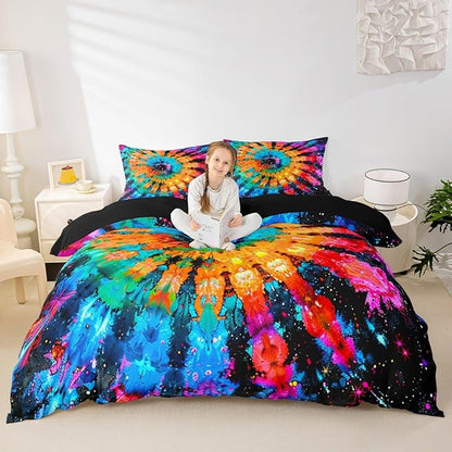 Castle Fairy Rainbow Tie Dye Duvet Cover King Size Watercolor Spiral Bedding Duvet Cover,Colorful Psychedelic Swirl Artwork Comforter Cover for Kids Teen Adult Boys Girls Bedroom Decorations