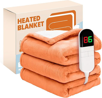 Electric Heated Blanket,Flannel & Sherpa Heated Throw Blanket 50"x60",Fast Heating Soft Fleece Blanket with 6 Heating Levels & 4H Auto Off-Orange