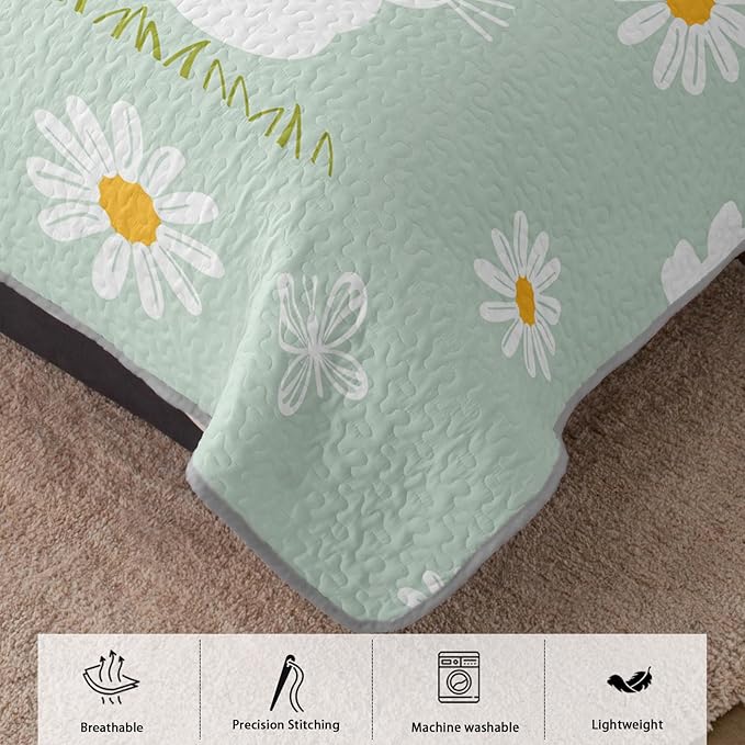 AILONEN Cartoon Rabbit Full Size,Floral Bunny Bedspread Coverlet for Kids,3Pcs Kawaii Animal Printed Green Quilt & 2 Pillowcases,Soft Lightweight