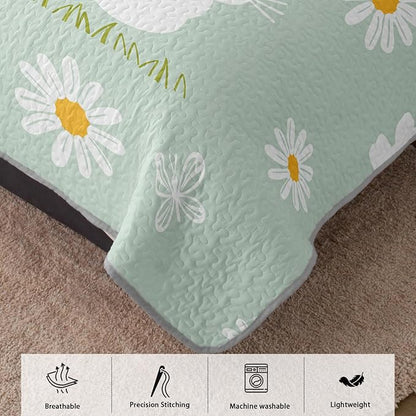 AILONEN Cartoon Rabbit Full Size,Floral Bunny Bedspread Coverlet for Kids,3Pcs Kawaii Animal Printed Green Quilt & 2 Pillowcases,Soft Lightweight