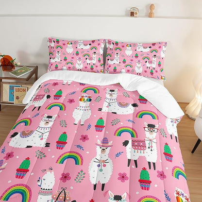 HOSIMA Kids Girls Pink Comforter with 2 Pillowcases,Cute Llama Alpaca Bed in a Bag King Size Comforter Set Animal Bedding Sets for Room Decor,Rainbow Cactus Flower Toddler Comforter.