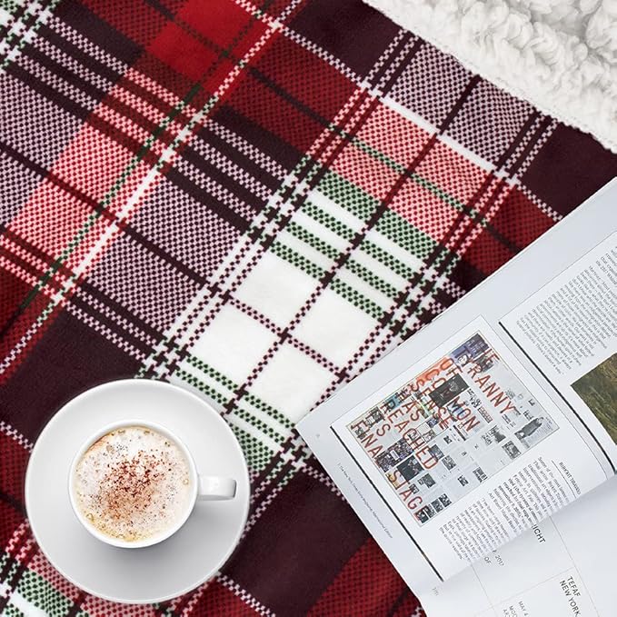 PAVILIA Red Green Christmas Plaid Sherpa Throw Blanket, Holiday Fleece Blanket 60" x 80", Soft Flannel Plush Throw for Couch, Sofa & Bed, Festive Winter Home Decor, Cozy