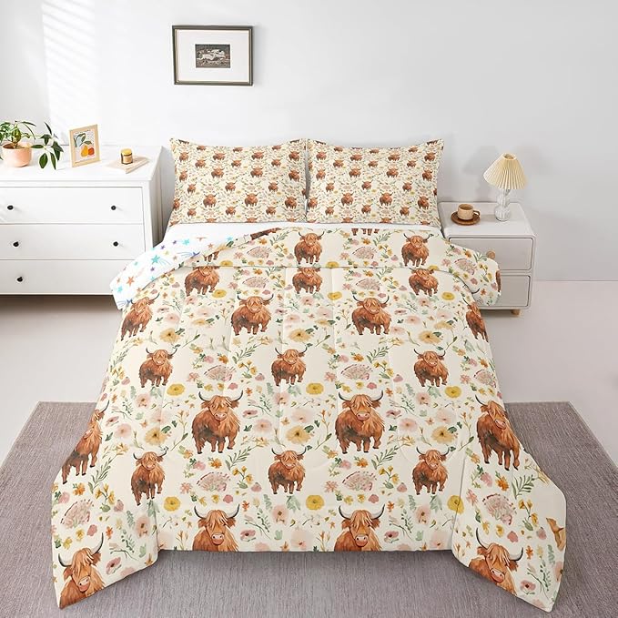 Feelyou Highland Cow Comforter Set for Girls Boys Kids Toddler Size Soft Animal Comforter Room Decor Western Decor Bedding Set Straw Yellow Duvet Set