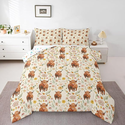 Feelyou Highland Cow Comforter Set for Girls Boys Kids Toddler Size Soft Animal Comforter Room Decor Western Decor Bedding Set Straw Yellow Duvet Set
