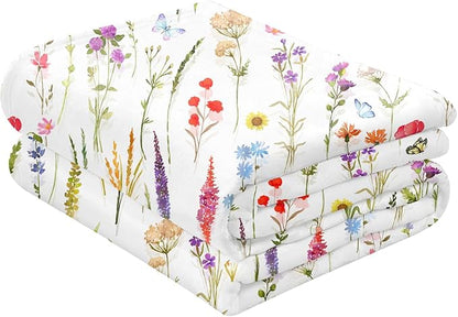Floral Throw Blanket Birthday Gift for Women Mom Girls Colorful Flowers Blanket Summer Wildflower Flannel Blanket Watercolor Printed Throw for Couch Sofa Bed Chair 50"x60"