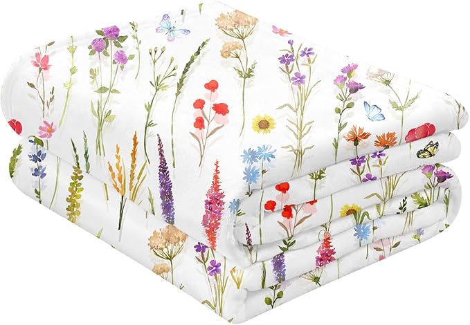 Floral Throw Blanket Birthday Gift for Women Mom Girls Colorful Flowers Blanket Summer Wildflower Flannel Blanket Watercolor Printed Throw for Couch Sofa Bed Chair 60"x80"