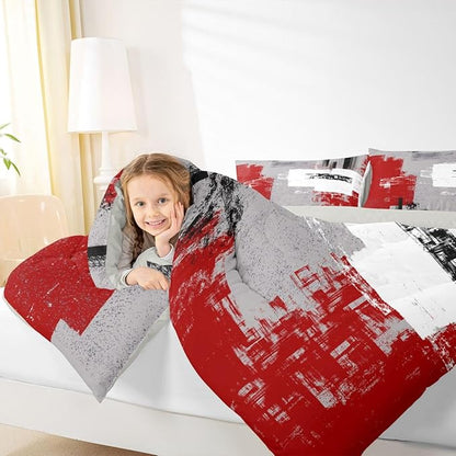 Feelyou Abstract Bedding Set Comforter Set for Kids Boys Children Modern Abstract Art Comforter Ultra Soft Decor Red Grey White Duvet Set Full Size
