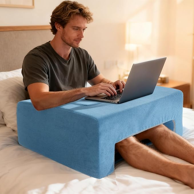Reading Pillow for Gaming Lap Desk Pillow for Laptop with Pocket Foldable Memory Foam Bed Desk for Reading Working Crocheting Gaming Arm Rest on Bed/Sofa/Floor/Couch/Car (Blue Foldable)