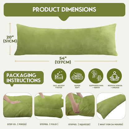 Body Pillow for Adults with Removable Pillowcase，Memory Foam Full Body Pillows for Side Sleepers, Back Pain, Pregnancy, Large Long Pillow Fluffy with Cover for Bed,20x54 Inch, Green