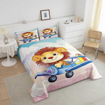 Kawaii Lion Comforter Set King Size Cartoon Aircraft Bedding Set Bedroom Decor Cute Wildlife Animal Quilt Set for Kids Boys Girls Pastel Clouds Sky Duvet Insert 3Pcs