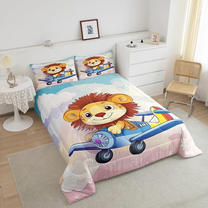Kawaii Lion Comforter Set Full Size Cartoon Aircraft Bedding Set Bedroom Decor Cute Wildlife Animal Quilt Set for Kids Boys Girls Pastel Clouds Sky Duvet Insert 3Pcs