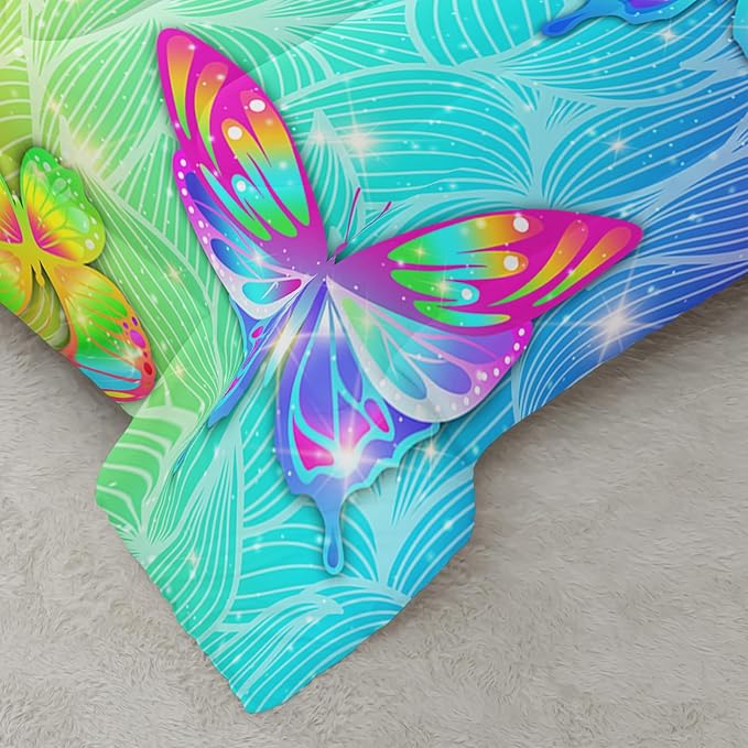 Rainbow Butterfly Queen Size Comforter Set for Girls, Colorful Quilt Set Room Decor, 1 Comforter and 2 Pillowcases