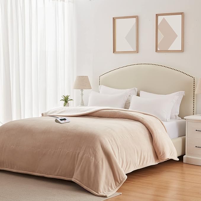 SEALY Electric Blanket Full Size, Heated Blanket Flannel & Sherpa with 10 Heating Levels & 1-12 Hours Auto Shut Off, Fast Heating Warming Blanket, Machine Washable, Beige, 80 x 84 Inch