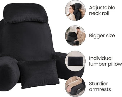 NOONTIDE Reading Pillow for Sitting up in Bed and Couch,32" X-Large Back Pillow for Adult & Teens with Soft Adjustable Neck Roll Backrest Pillow,Washable Cover,Watching TV/Gaming/Relaxing(Black)