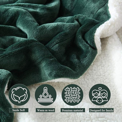 NANPIPER Bed Blanket Reversible Sherpa Flannel Blanket Super Soft Fuzzy Plush Fleece Microfiber (90"x90" Olive Green) Queen
