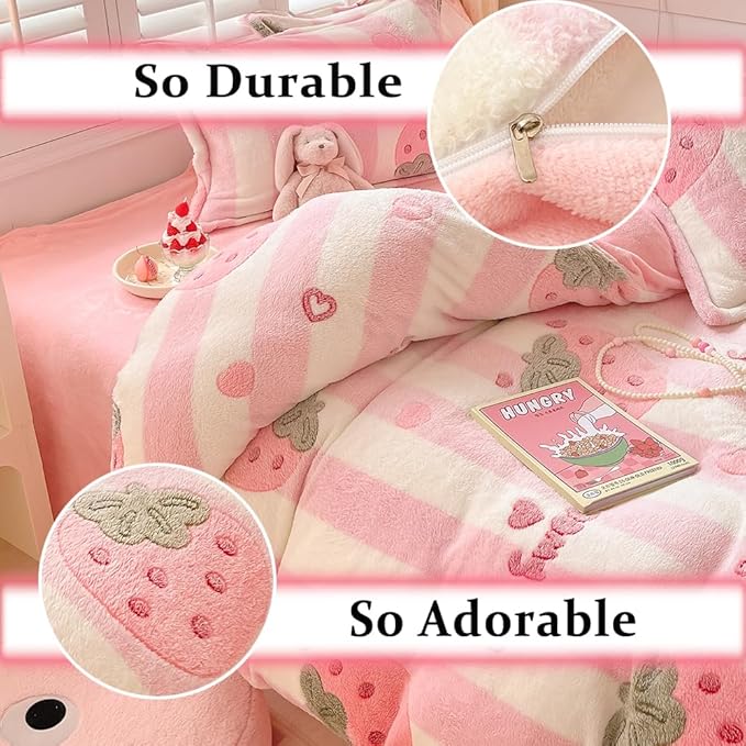 Pink Strawberry Kids Duvet Cover Set Queen Cute Kawaii Bedding Set Snowflake Fluffy Comforter Cover Blanket Soft Reversible Duvet Cover Room Decor (Strawberry,Queen)
