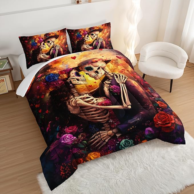 Skull Printed Comforter Set King Size,Skeleton Couple Embrace Bedding Romantic Flower Comforter Set for Kids Girls Room Decor,Artistic Aesthetics Bedding Set with 2 Pillowcases.