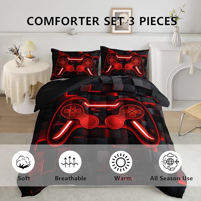 Axolotl Gamepad Comforter Set Queen Size,Red Grid Print Bedding Set,Boys Gaming Console Comforter Set,Video Gaming Controller Bedding Set for Teens Men Adults,1 Quilt 2 Pillowcases,Red Black
