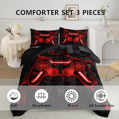 Axolotl Gamepad Comforter Set Queen Size,Red Grid Print Bedding Set,Boys Gaming Console Comforter Set,Video Gaming Controller Bedding Set for Teens Men Adults,1 Quilt 2 Pillowcases,Red Black