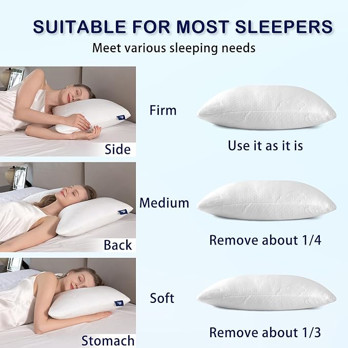 Shredded Memory Foam Pillows for Deep Sleep Bed Pillow forNeck Support with Removable & Washable Cover, Cooling Pillow for Neck PainRelief Pillow for Shoulder & Back & Side Support
