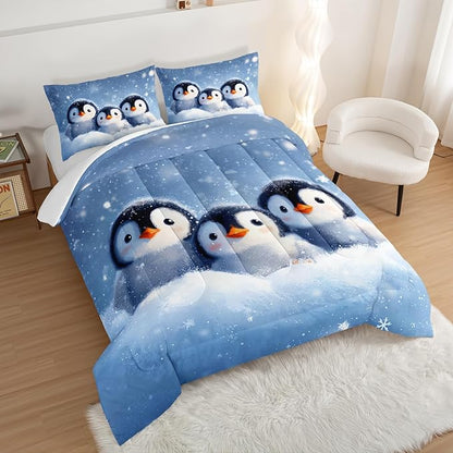 Penguin Comforter Set Twin Size,Antarctic Animal Kawaii Penguin Bedding Sets for Kids Boys Girls Room Decor,Cute Winter Snowflake Pattern Bedding Sets with 2 Pillowcases.