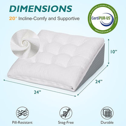 TANYOO Bed Wedge Pillow for Sleep Apnea 10 Inch Gerd Pillow Patent Dual Layer Triangle Pillow Adjustable Shredded Memory Foam Topper Soft Support Ideal for Acid Reflux, After Surgery, Snoring