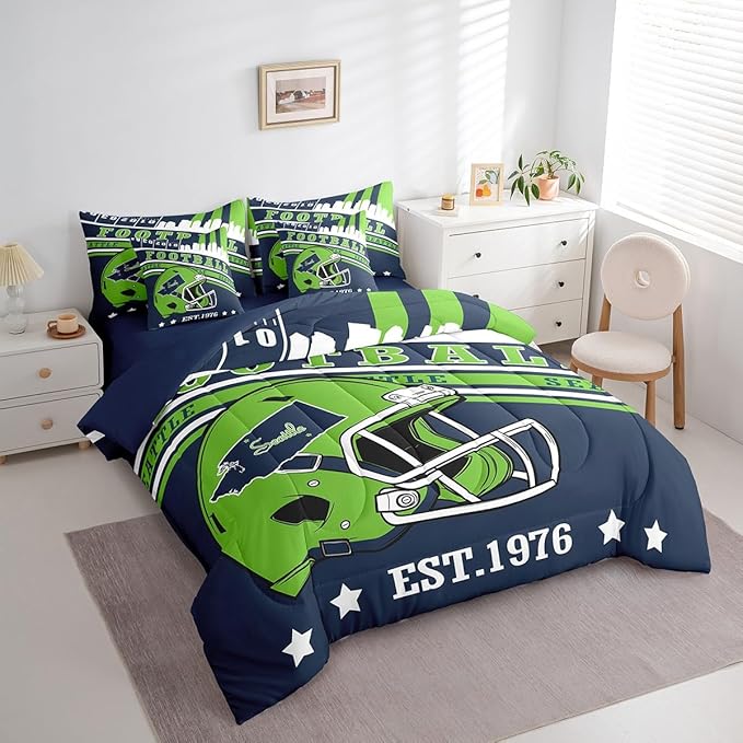 Erosebridal Queen Size Sports City Bedding Sets, Gridiron Seasonal Comforter Rugby Sports Decor Comforter + Flat Sheet + Fitted Sheet + 2 Pillowcases + 2 Throw Pillow Covers