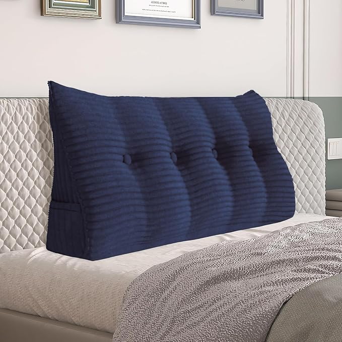 Daneey Headboard Wedge Pillow Bed Wedge Pillow for Headboard Bolster Reading Pillow for Bed Back Pillow for Sitting in Bed Wedge Pillow with Removable Corduroy Cover (Deep Blue, Full)