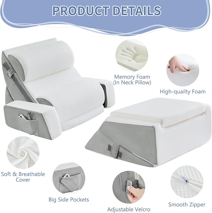 9PCS Wedge Pillow Set for After Surgery Recovery, Adjustable Memory Foam Neck Pillow, Foam Leg Pillow, Relieves Neck, Leg Pain, Sleep Apnea, and Functions as a Reading Pillow, Gray