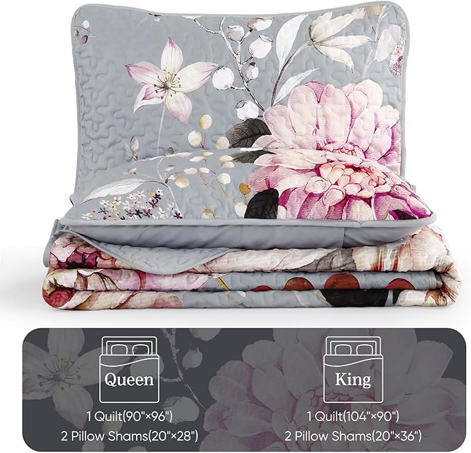 Drucon Floral Quilt King Size - 3 Pieces Grey Quilt Botanical Bedspread Soft Lightweight Flower Bedding Set for All Season (104"x90")