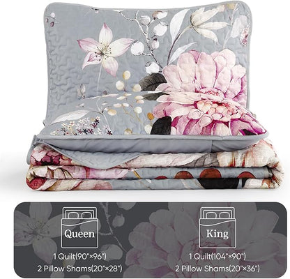 Drucon Floral Quilt Queen Size - 3 Pieces Grey Quilt Botanical Bedspread Soft Lightweight Flower Bedding Set for All Season (96"x90")