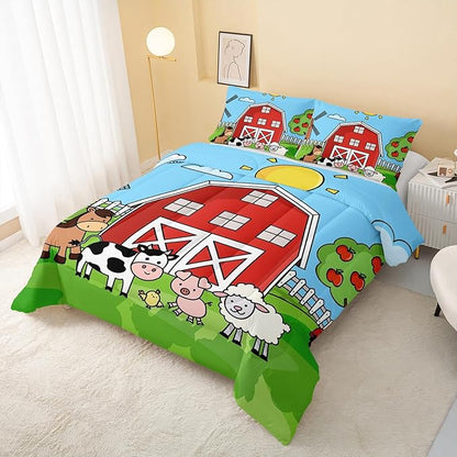 QOOMO Farm Animals Comforter,Farmhouse Comforter Set for Kids Teens Girls Boys,Cartoon Animals 3Pcs Bedding Set Printed Comforter with 2 Pillowcases,Down Alternative,Soft and Lightweight，King Size