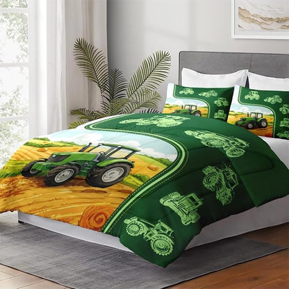 Queen Size Comforter Set with 2 Pillowcase, Green Tractor Soft 3 Pcs Bedding for Kids and Adults, Watercolor Landscape Comforter Set for Room Bedroom Bed Decor
