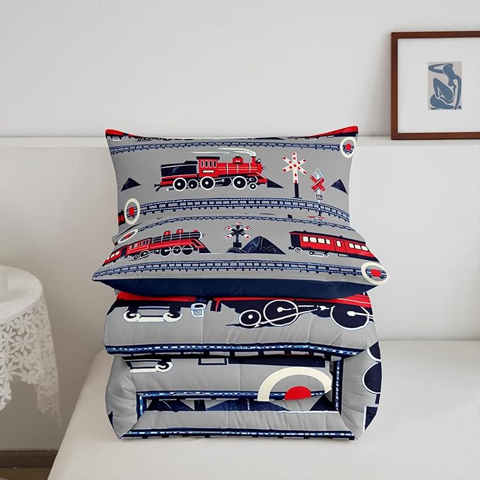 Red Train Toddler Bedding Set Toddler Size for Girls Kids Boys Cartoon Car Comforter, Vintage Style Steam Engine Bedding Comforter Sets Traffic Transportation Track Duvet Set with 1 Pillowcase