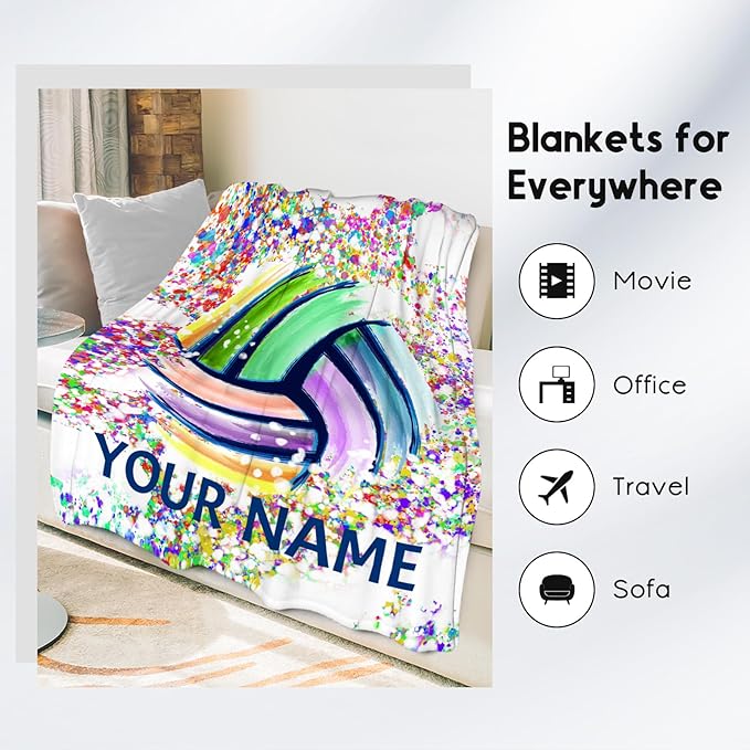 Personalized Volleyball Blanket Gifts with Name - 30"x40" Sports Throw Blanket for Adults, Kids - Colorful Soft Plush Throws for Couch & Travel