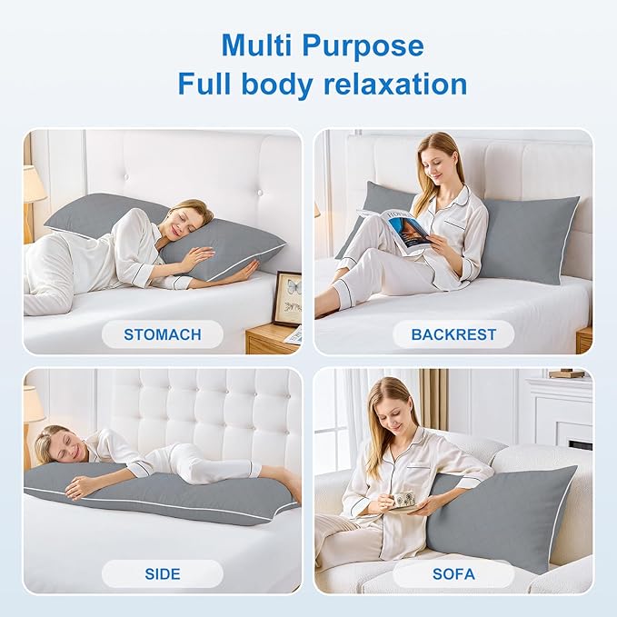 YZ HOME Long Body Pillow for Adults - Firm Body Pillow Insert with Shredded White Memory Foam, Adjustable Height, Soft Support for Side Sleeping, Pregnant Women, Washable (Grey, 20x54 Inch)
