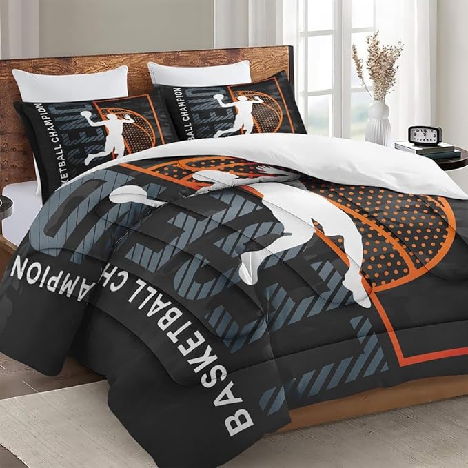 Full Size Comforter Set with 2 Pillowcase, Basketball Sport Soft 3 Pcs Bedding for Kids and Adults, Bed Decor Urban Comforter Set for Room Bedroom
