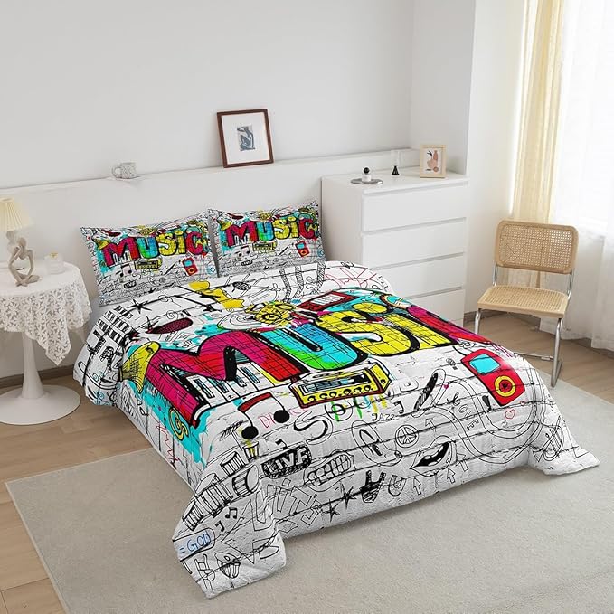 Castle Fairy Rock Music Comforter Set Hippie Graffiti Bedding Set for Kids Girls Women Adults Street Art Comforter Rock Instrument Quilted Duvet Set Bedroom Collection Twin Pink 2Pcs