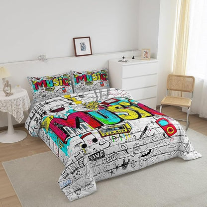 Castle Fairy Street Art Wall Comforter Set Queen Size Rock Music Bedding Set for Kids Boys Girls Bedroom Decoration Hip Hop Graffiti Bed Duvet Insert Guitar Radio Comforter with 2 Pillowcase
