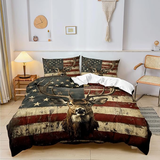 Deer Twin Duvet Cover Sets,Deer and American Flag Bedding Sets for Hunter Bedroom Decor, 1 Duvet Cover 2 Pillowcases Comforter Cover for Adult Teen boy,Twin