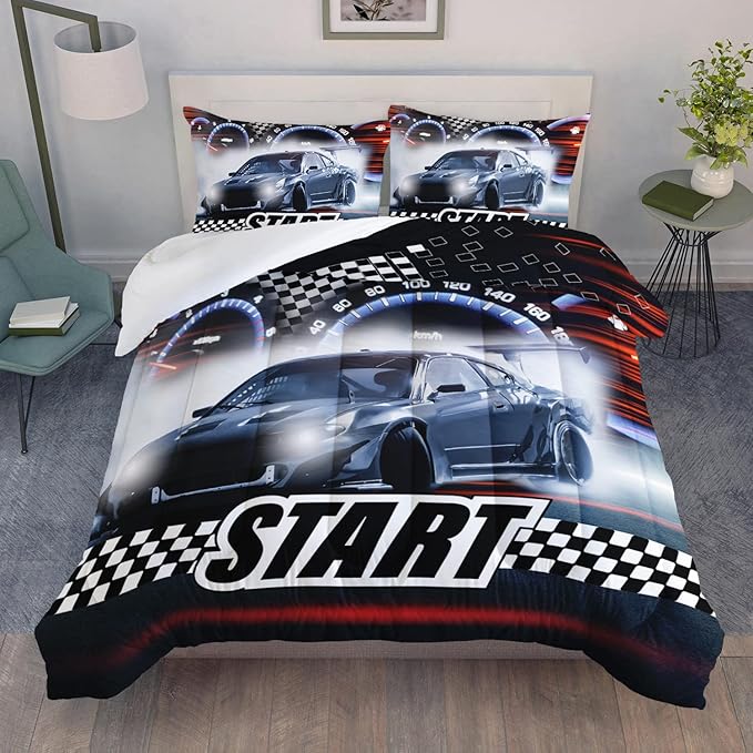 AILONEN Racing Car Comforter Set Twin Queen Size, Plaid Patterns with Speed Race Car for Kids Boys Girls Teens Bedroom,3 Pieces,1 Quilt and 2 Pillowcases,Soft,Breathable