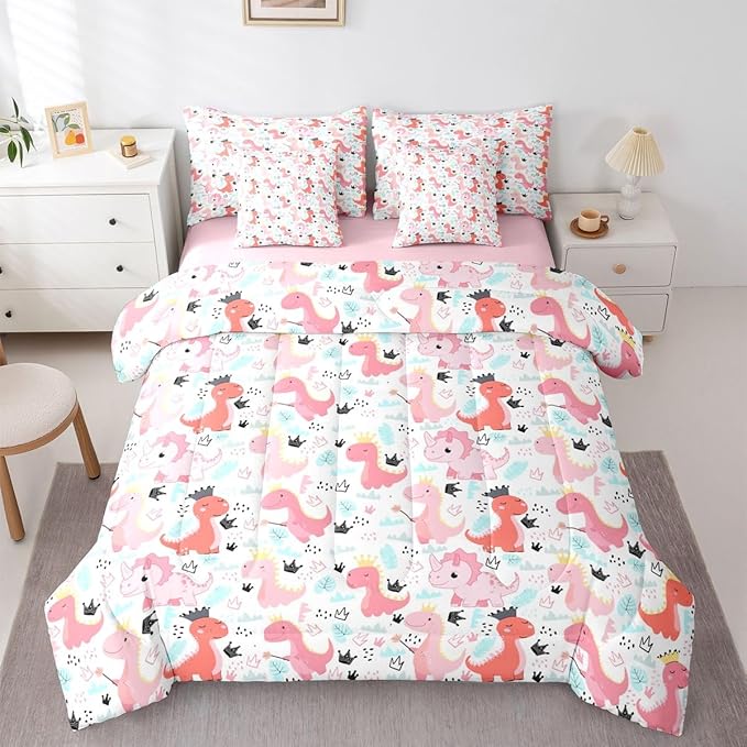 Feelyou Pink Dinosaur 7 Piece Bedding Set Cute Dinosaur Comforter Set with Sheets for Kids Boys Girls Crown Print Bed in a Bag Kawaii Animal Bed Set Soft Lightweight