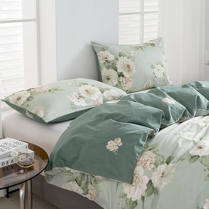 Floral Duvet Cover Queen 100% Soft Cotton 3 Pieces French Country Chic Garden Style Peony Flower Luxury Blossom Floral Vibrant Pattern Reversible Flower Duvet Cover Queen with Zipper Closure