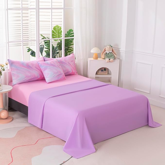 4Pcs Pink Comforter Set Full for Kids Girls, Pink Art Tie Dye Bedding Sets with Sheets, Bed in A Bag Full(1 Comforter, 1 Flat Sheet, 2 Pillowcases)